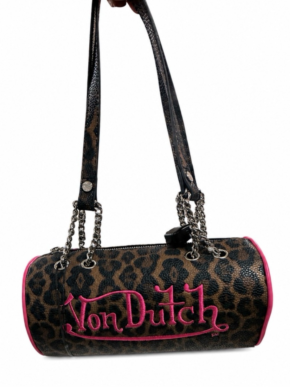 Von Dutch Leopard Barrel Bag in Brown with Pink Accents